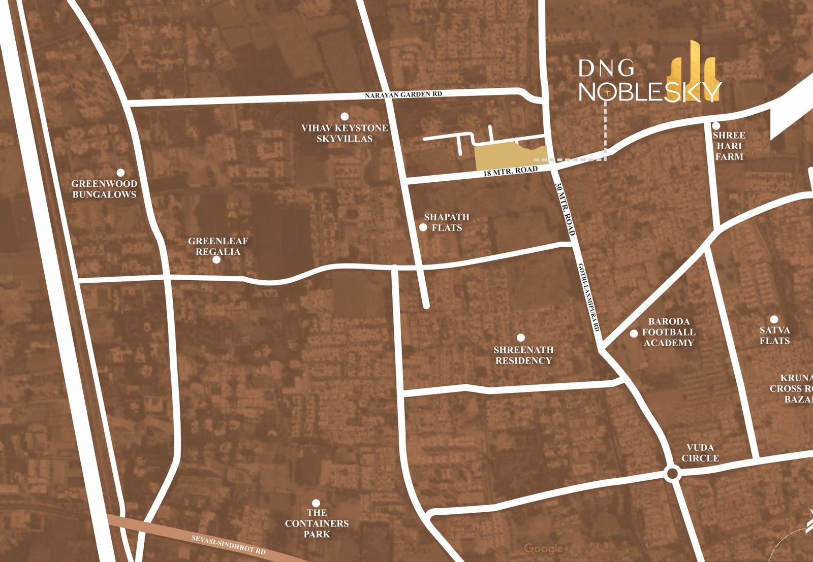 Location map for DNG Noble Sky at Gotri, Vadodara